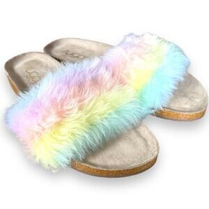 🍀 Sugar Bravoes Fluffy Tie Dye Slide Sandals Pastel Rainbow Women’s Size 7